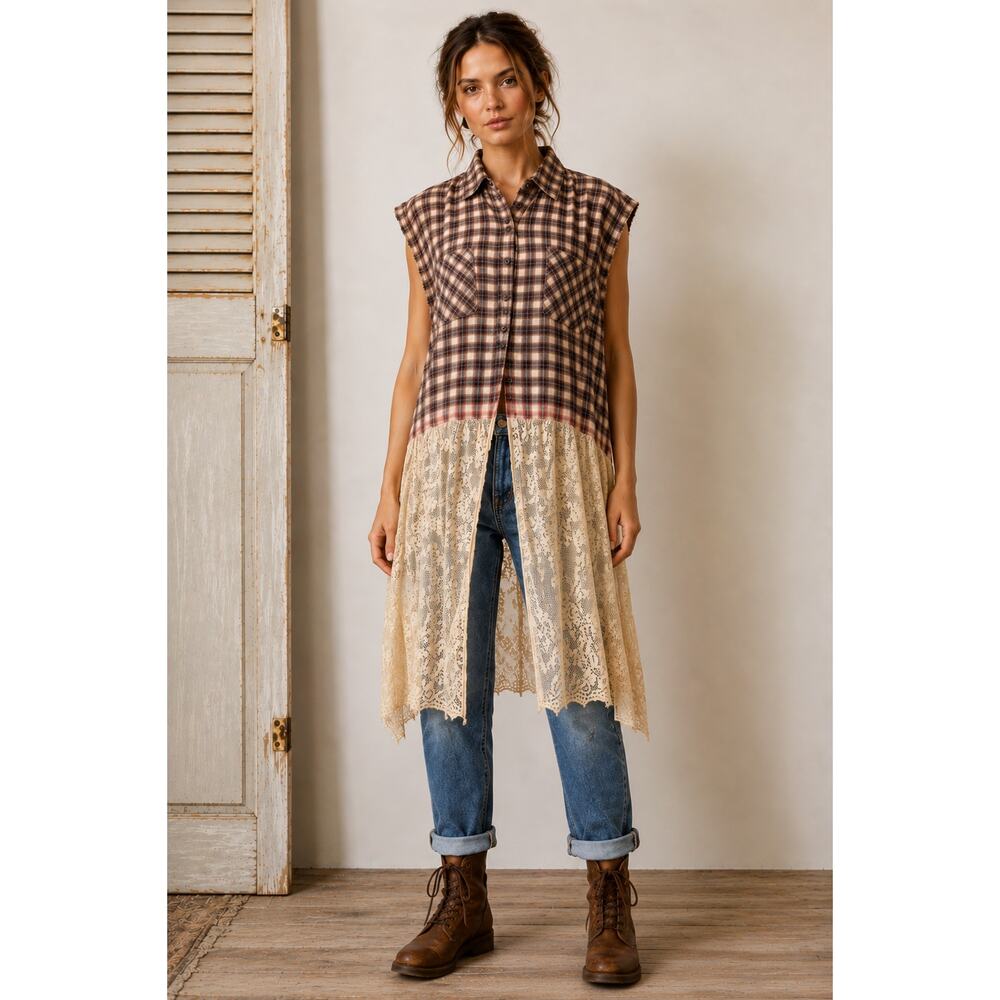 Flash and Trash Upcycled Plaid & Lace Shacket Tunic One Size Boho Cottagecore